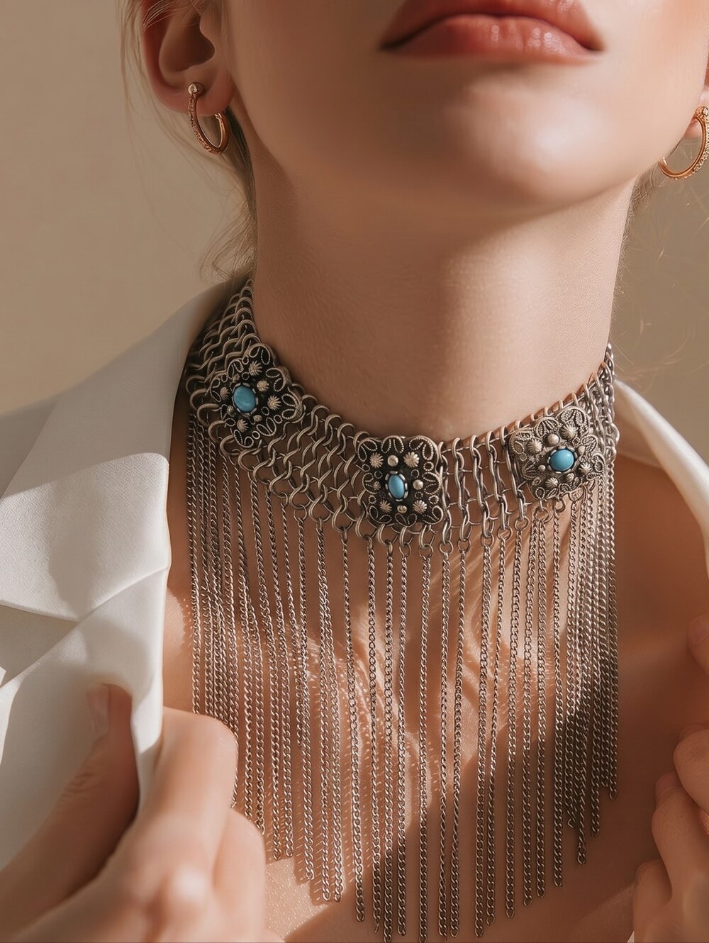 Vintage Statement Silver Chain Fringe Choker Necklace Blue Stone Festival Boho